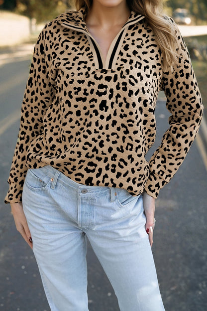 Parchment Leopard Polo Collar V Neck Pullover Top