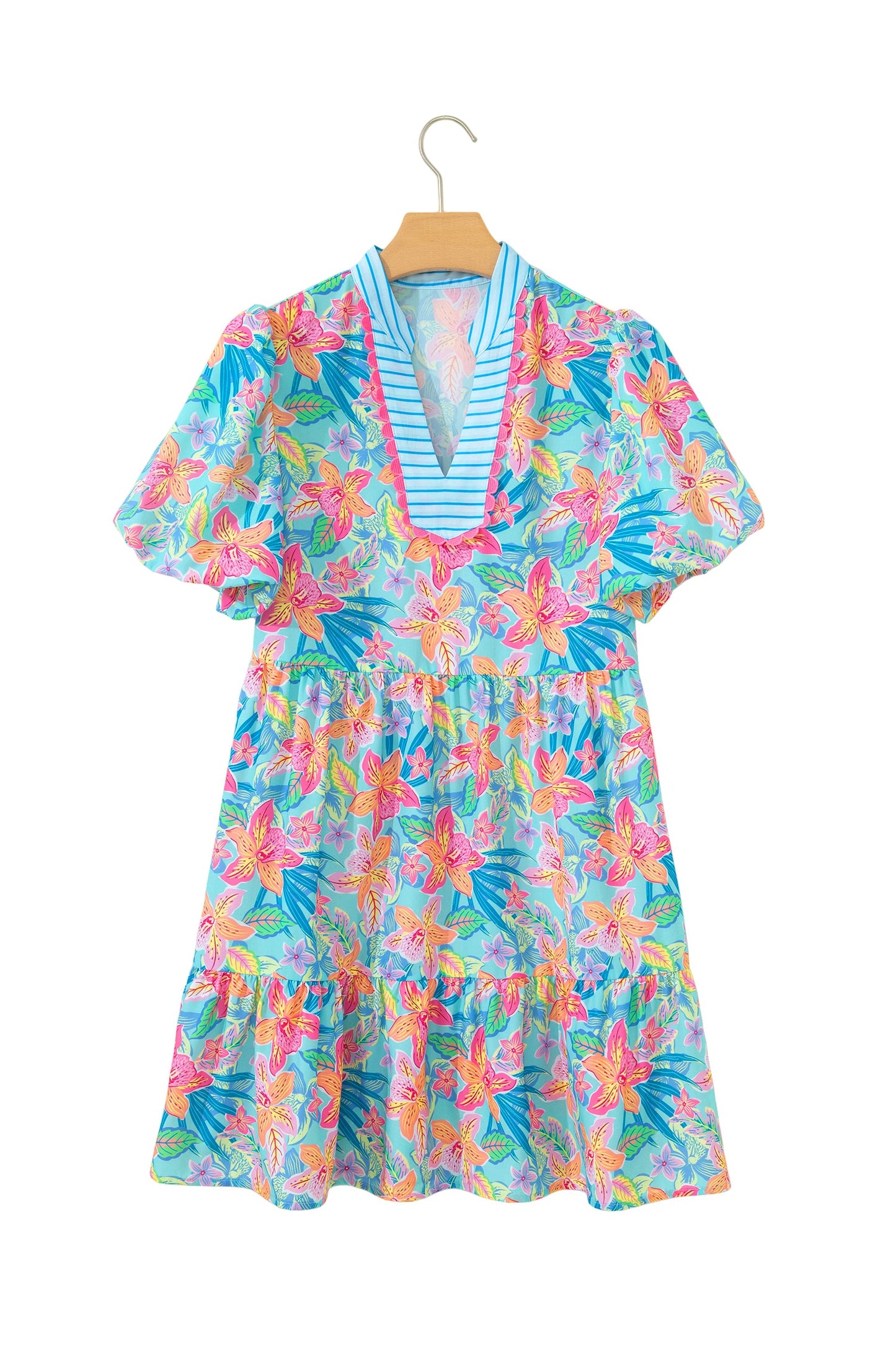 Multicolour Floral Print Contrast Scallop Striped Trim V Neck Dress