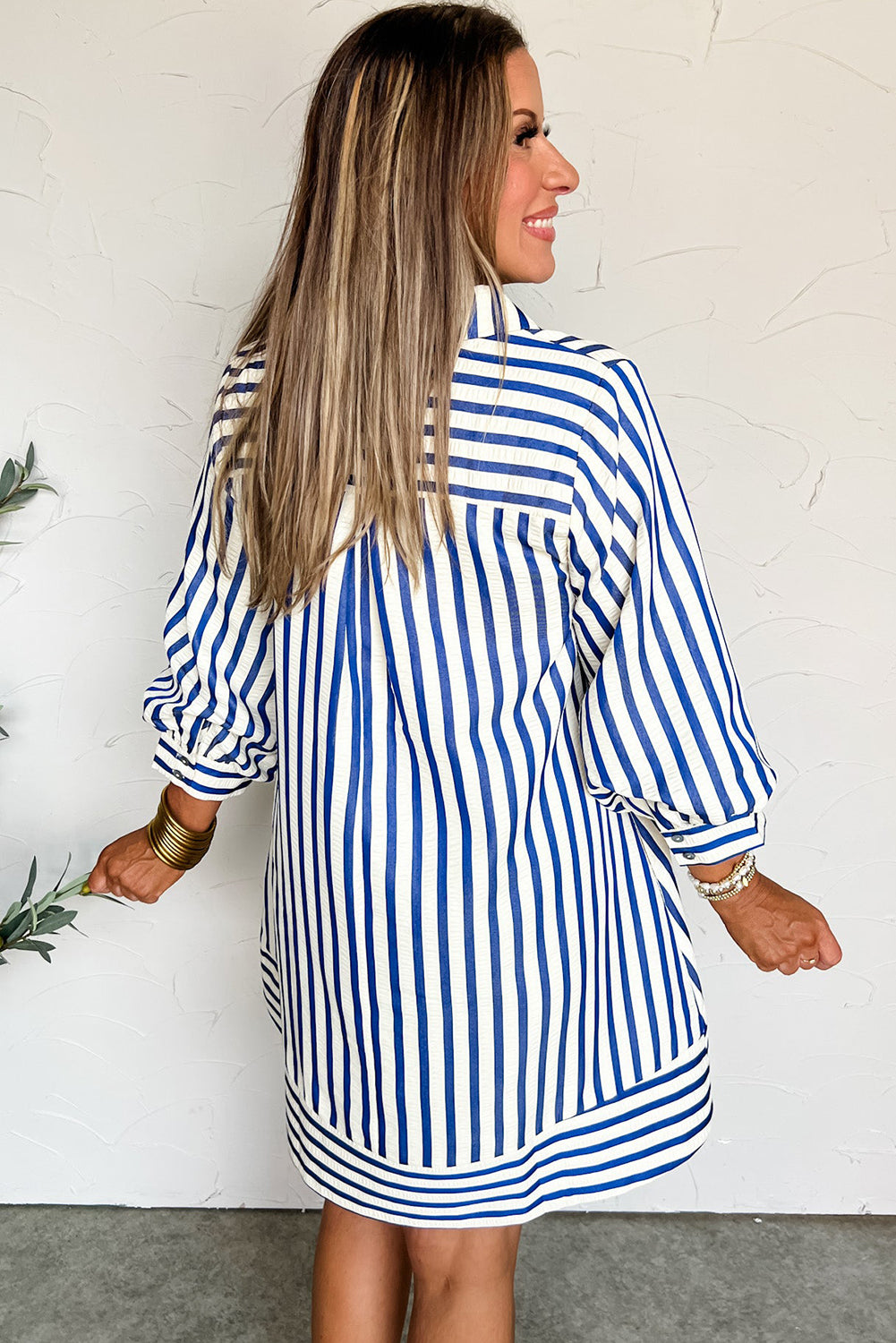 Blue Stripe Collared Half Button Side Pockets Loose Fit Mini Dress