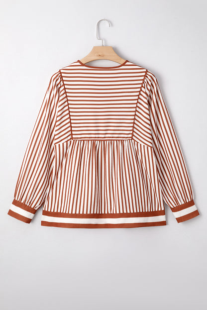 Brown Stripe Babydoll Long Sleeve Blouse