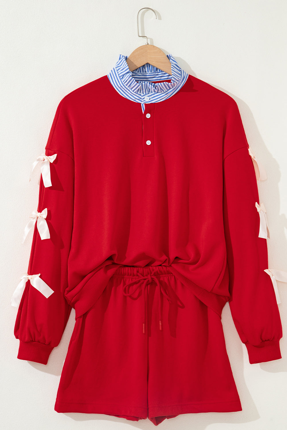Racing Red Striped Collar Patchwork Satin Bow Sweatshirt and Shorts Set