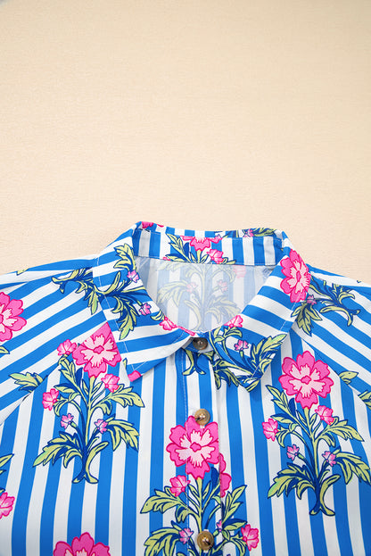 Blue Striped Floral Print Buttoned Cuffs Loose Fit Shirt