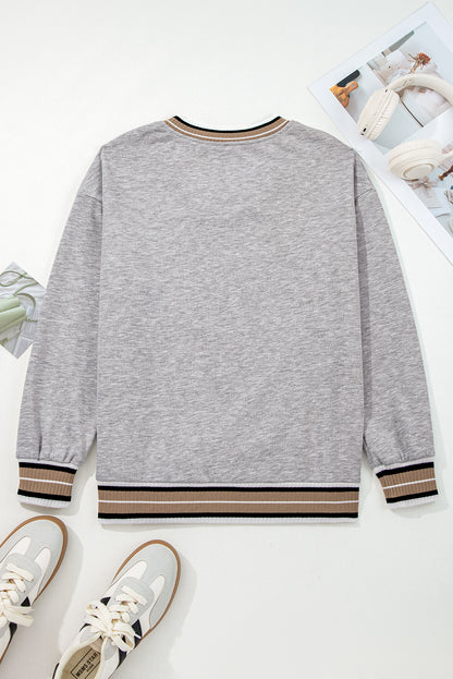 Parchment Varsity Contrast Striped Trim V Neck Sweatshirt