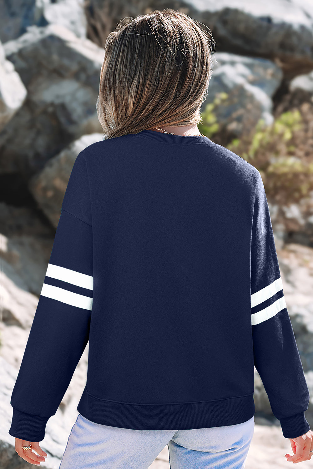 Navy Blue Varsity Striped Detail Drop Shoulder Oversized Sweatshirt
