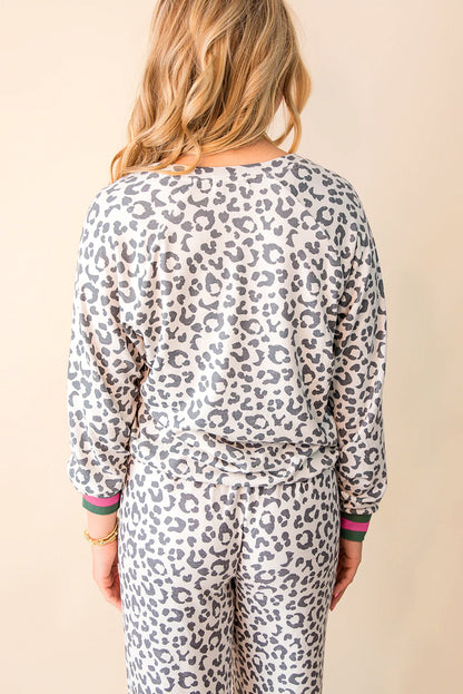 Gray V Neck Leopard Long Sleeve Top Striped Webbing Patchwork Drawstring Pant Set