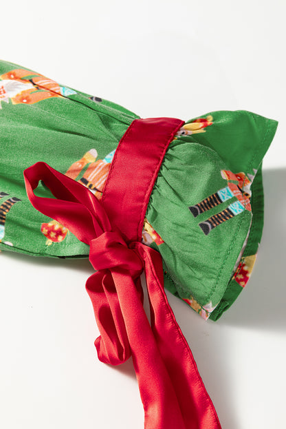 Green Christmas Candy Contrast Trim Bow Knot Silky 2pcs Pajama Set