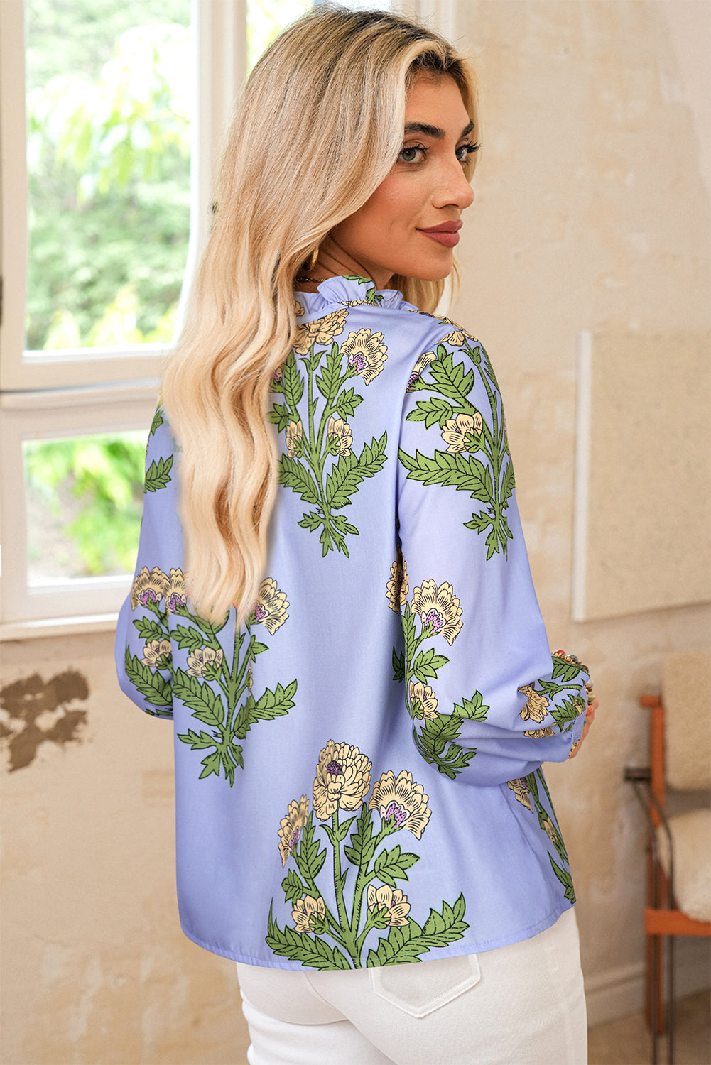 Sky Blue Floral Print Button Tie Neck Long Puff Sleeve Blouse