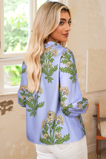 Sky Blue Floral Print Button Tie Neck Long Puff Sleeve Blouse