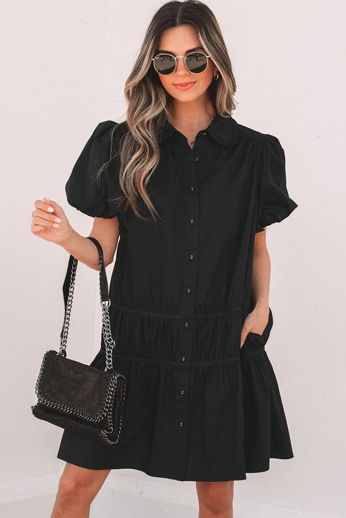 Black Shirt Style Button Down Puff Sleeve Ruffle Hem Dress