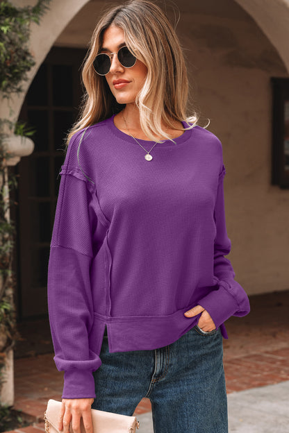 Orchid Mist Solid Color Raw Seam Patchwork Ribbed Drop Shoulder Sweatshirt