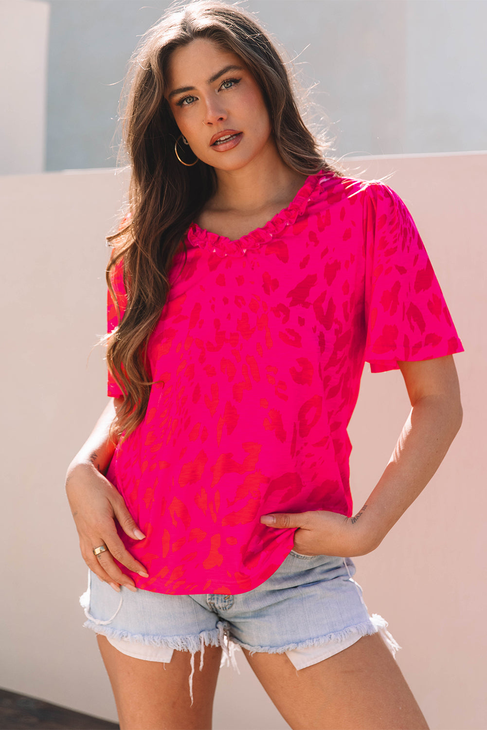 Rose Leopard Frilly V Neck Short Sleeve Blouse