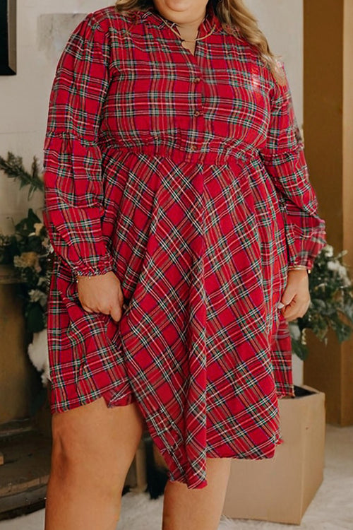 Red Plus Size Plaid Half Button Long Sleeve Holiday Dress