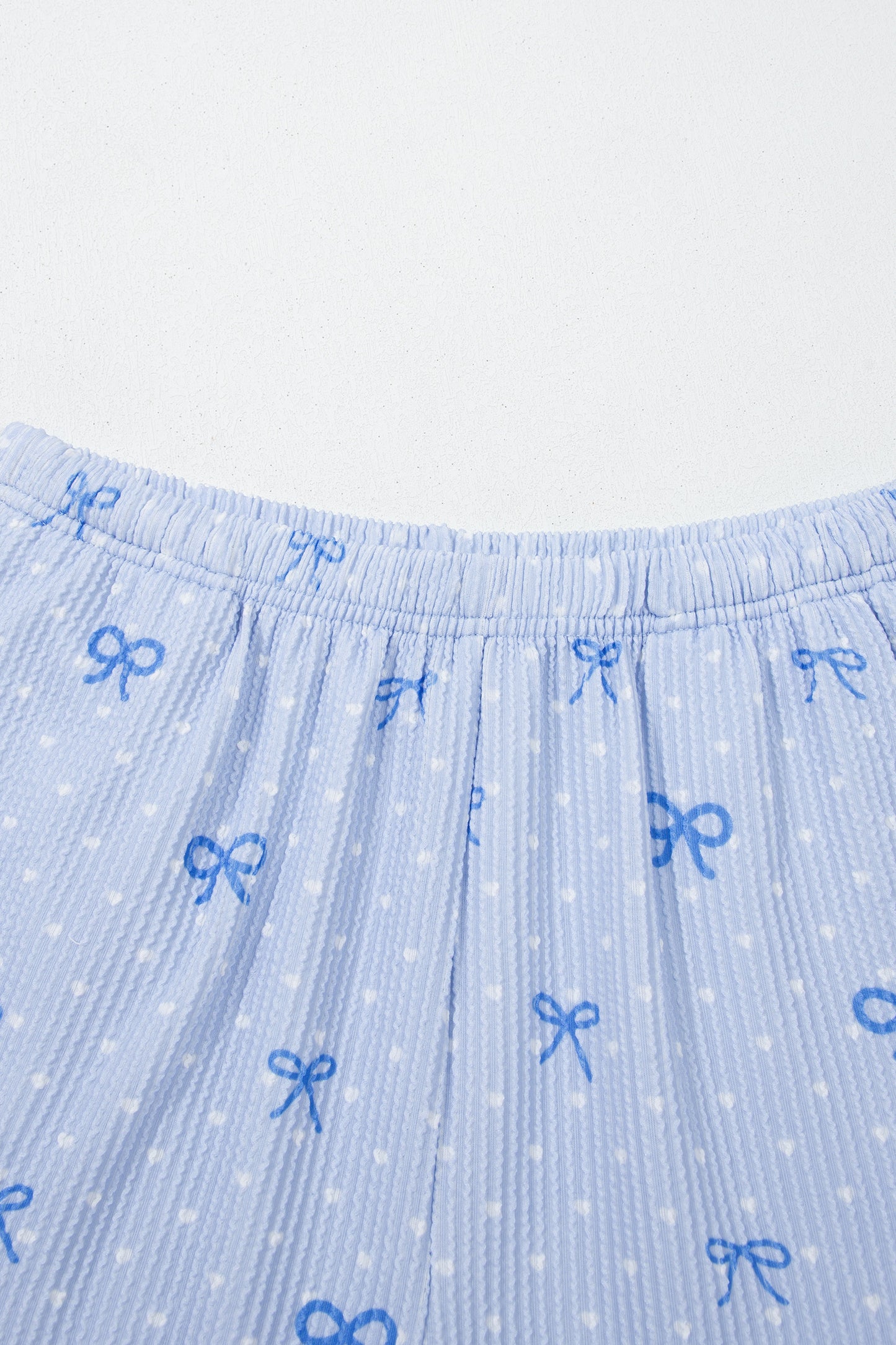 Sky Blue Valentines Bow Print Twisted Rib Loose Long Sleeve Top 2pcs Short Set