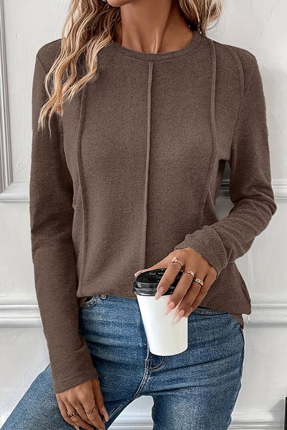 Chicory Coffee Solid Exposed Seam Crew Neck Long Sleeve Top