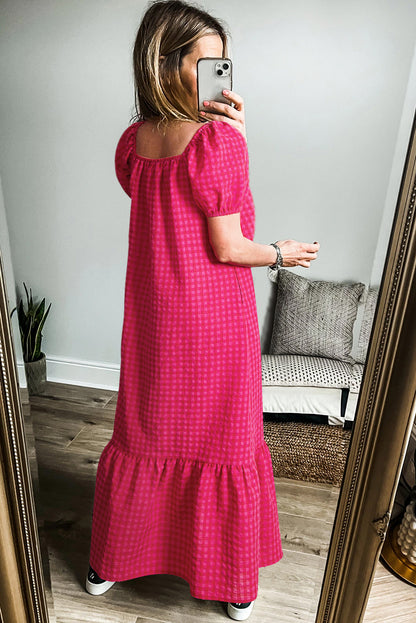 Rose Ginham Check Bubble Sleeve Ruffled Maxi Dress