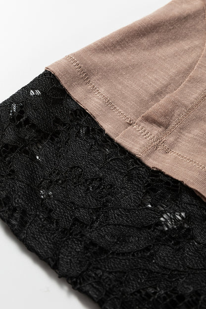 Dark Brown Sheer Lace Patchwork Casual Long Sleeve Tee