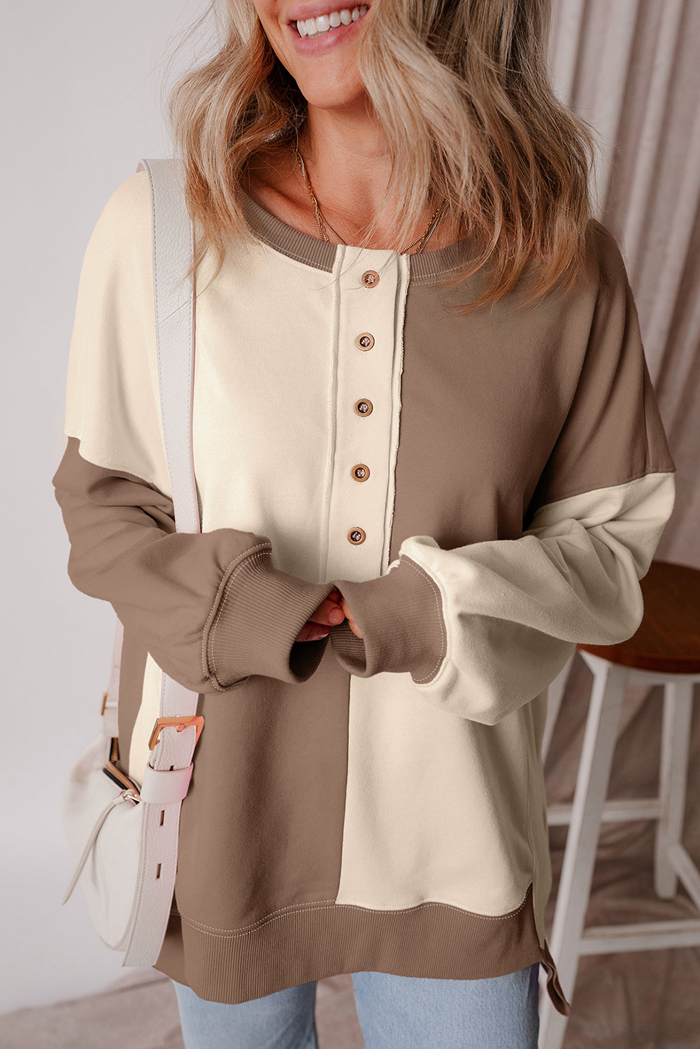 Color black Colorblock Henley High Low Oversize Sweatshirt