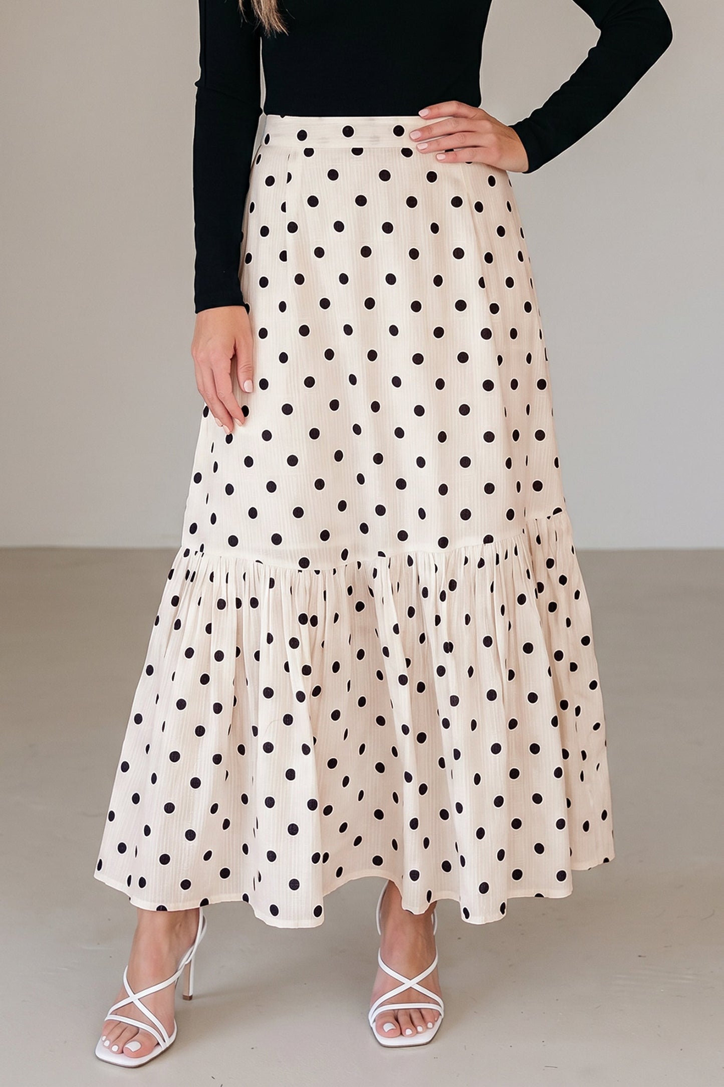 White Polka Dot Ruffled Slit Maxi Skirt