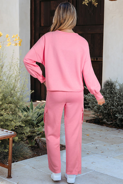 Sachet Pink Solid Color Patchwork Pullover Top and Cargo Pants Set