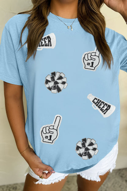 Light Blue Cheer Game Day Element Sequin Patched T Shirt