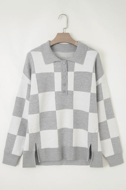Gray Plus Size Checkered Pattern Button Polo Collar Split Sweater