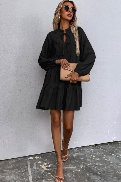Black Tie Split Neck Smocked Detail Long Puff Sleeve Ruffle Hem Loose Dress