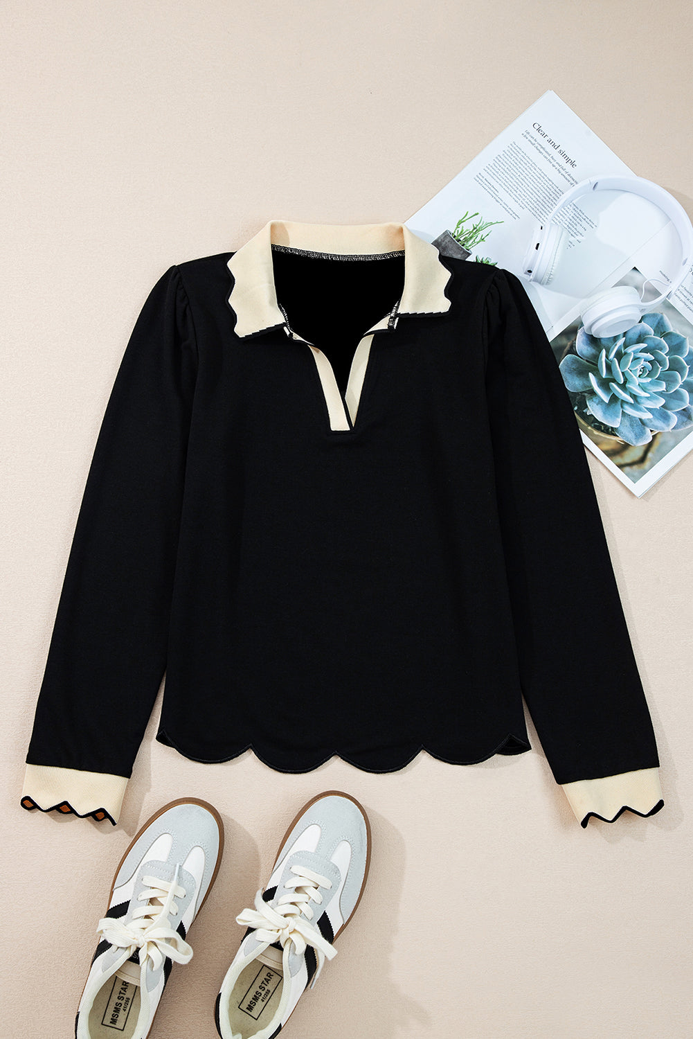Black Scallop Trim Color Block Long Sleeve Collared Top