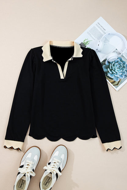 Black Scallop Trim Color Block Long Sleeve Collared Top
