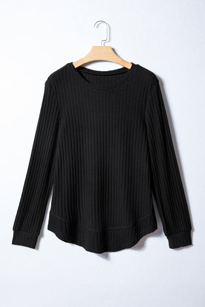 Jet Stream Ribbed Texture Round Neck Long Sleeve Rounded Hem Knit Top