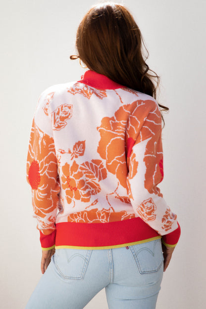 Khaki Floral Half Zip Collared Pullover Sweater