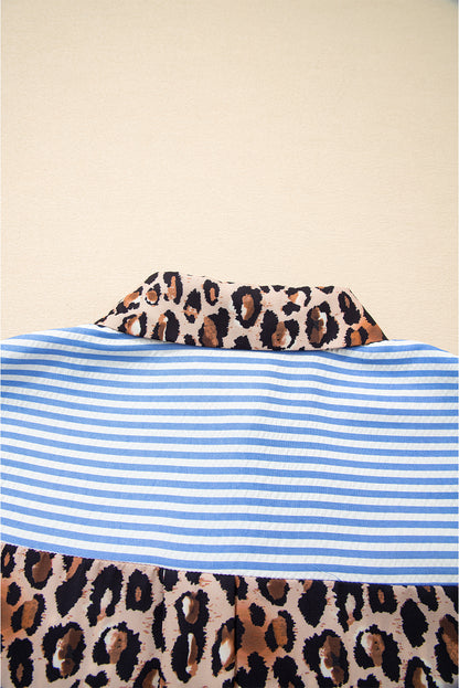 Sky Blue Striped Leopard Print Patchwork Button Up Womens Shirt