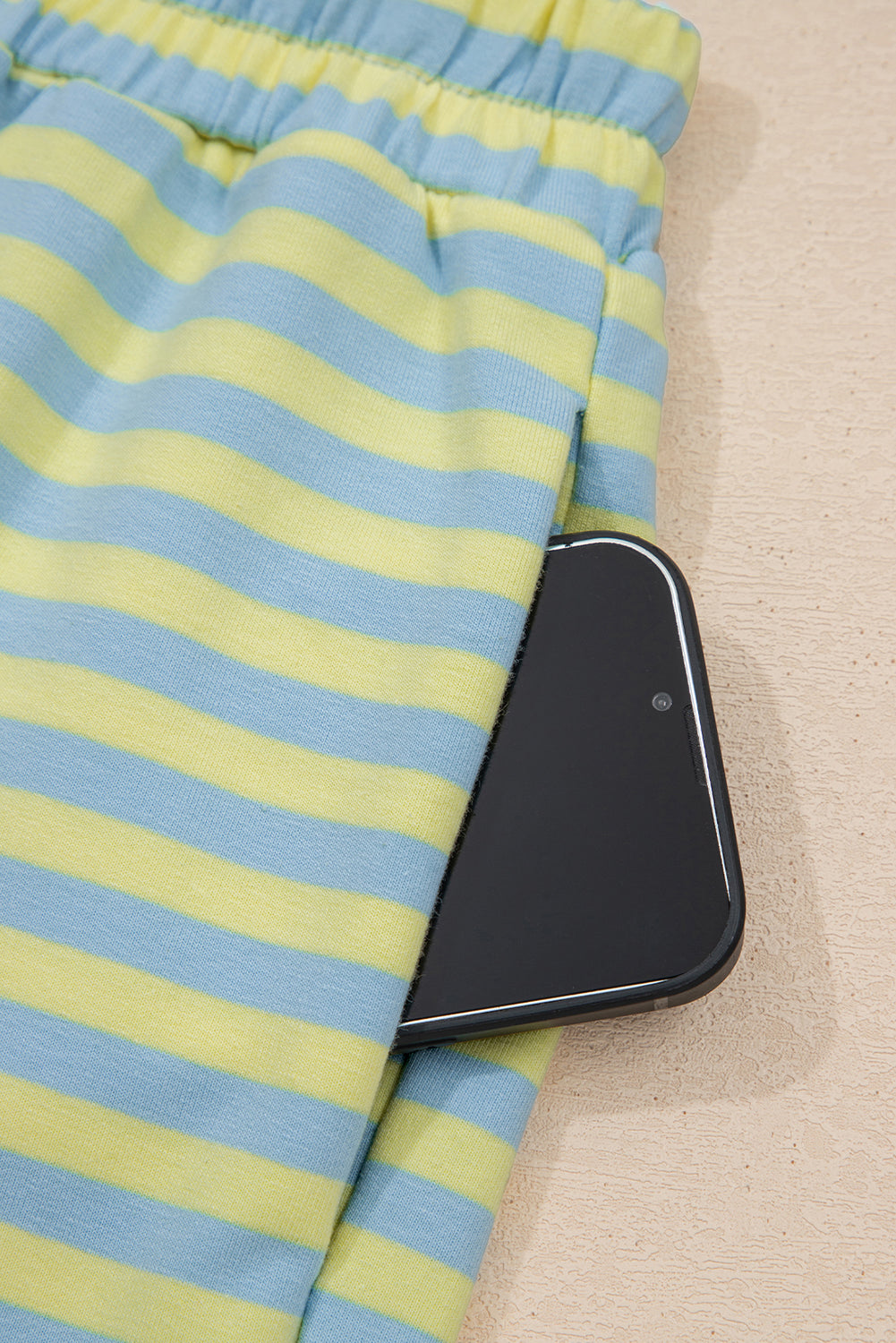 Yellow Stripe Color Block Detail Long Sleeve Pullover Elastic Waist Pull On Shorts 2pcs Set