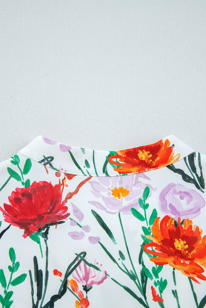 Beige Floral Print 3/4 Puff Sleeve Ricrac Trim Mini Dress