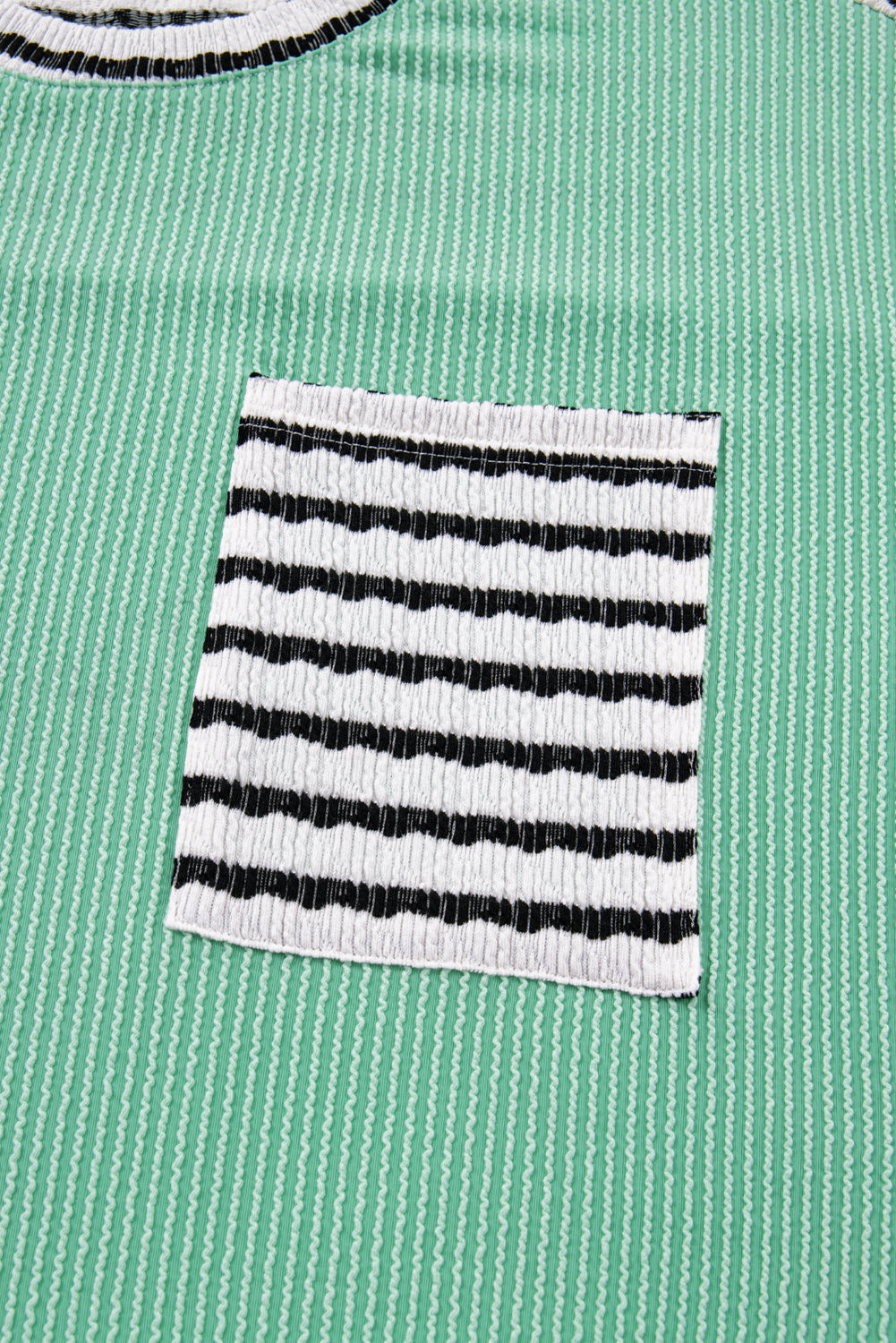 Sea Green Twisted Ribbed Contrast Round Neck Striped Patchwork Long Sleeve Top