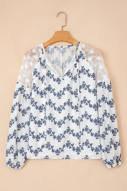 Blue Lace Patchwork Floral Bubble Sleeve V Split Neck Blouse