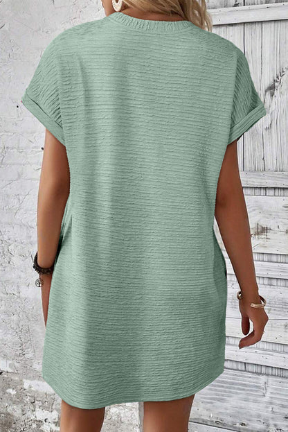 Grass Green Solid Color Textured Crinkle Short Sleeve T Shirt Dress