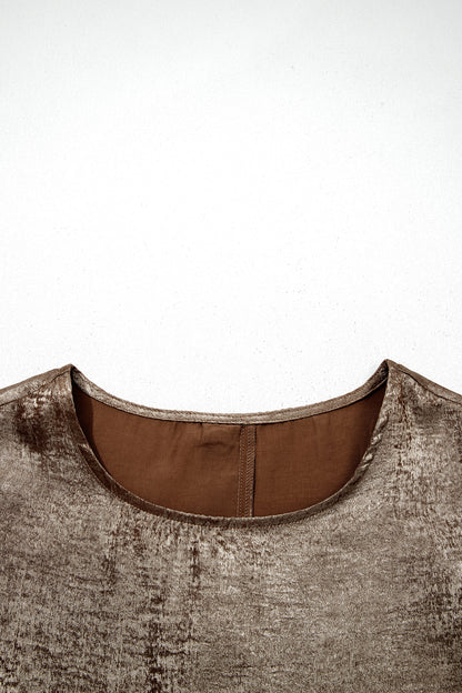 Gold Metallic Round Neck Ruffle Trim Sleeveless Top