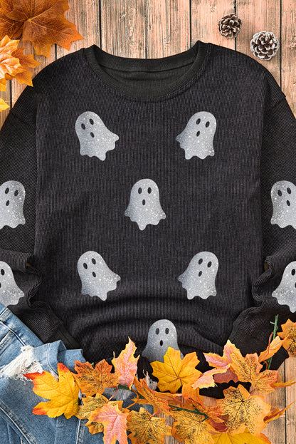 Pink Halloween Ghost Corded Crew Neck Loose Sweatshirt