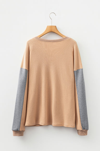 Buckskin Color Block Thermal Textured Knit Drop Shoulder Henley Top