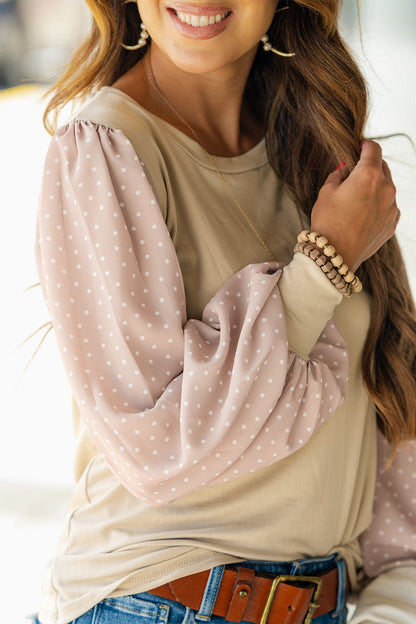 Parchment Polka Dot Long Sleeve Round Neck Plus Size Blouse