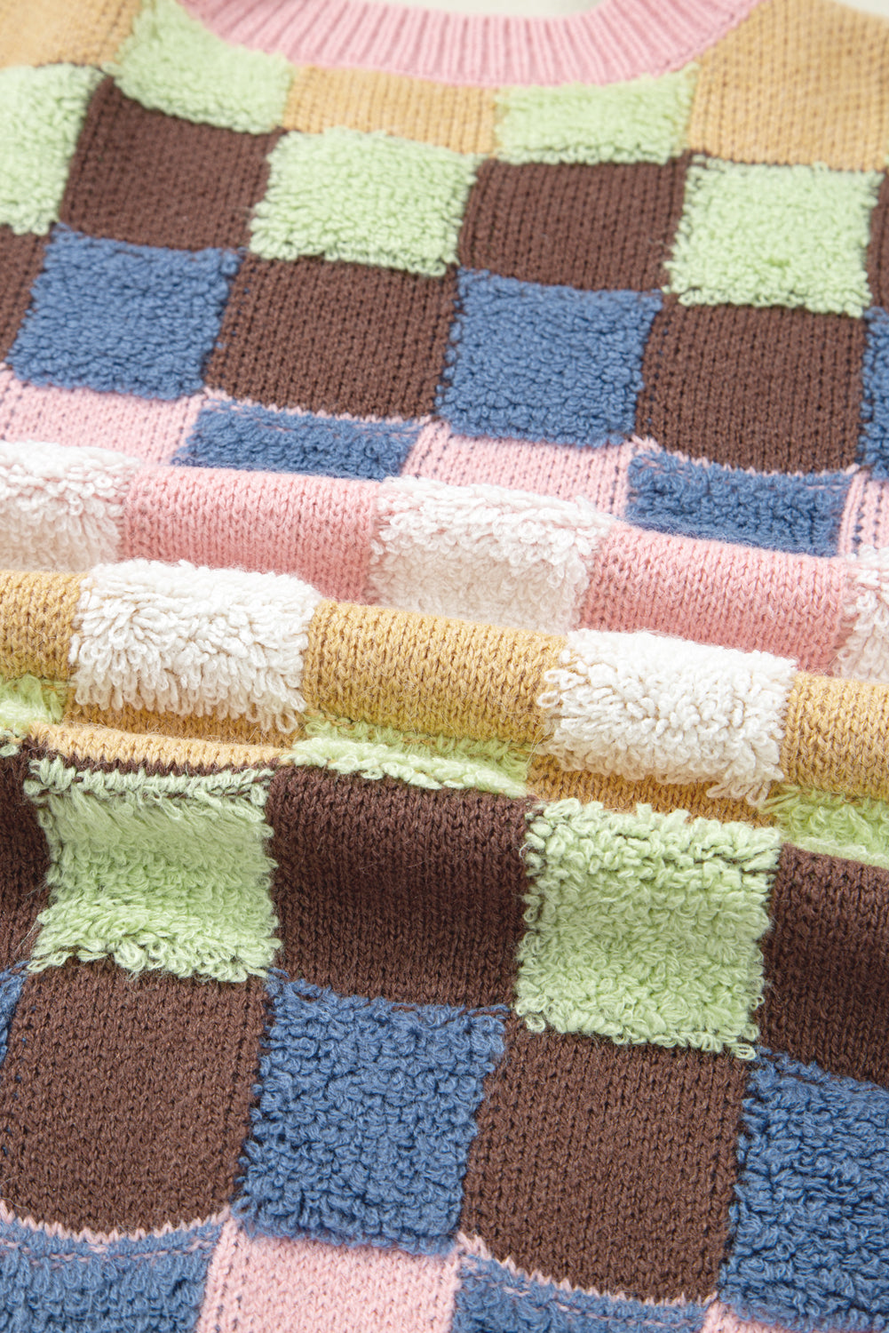 Multicolour Plush Checkered Pattern Button Front Cardigan Sweater