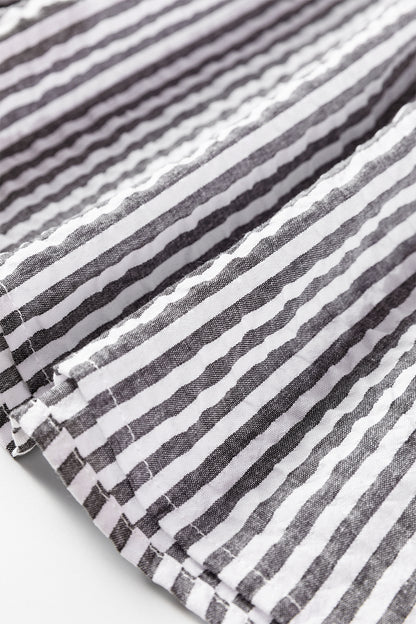 Dark Grey Striped Print Contrast Patchwork Detail Split Neck Blouse