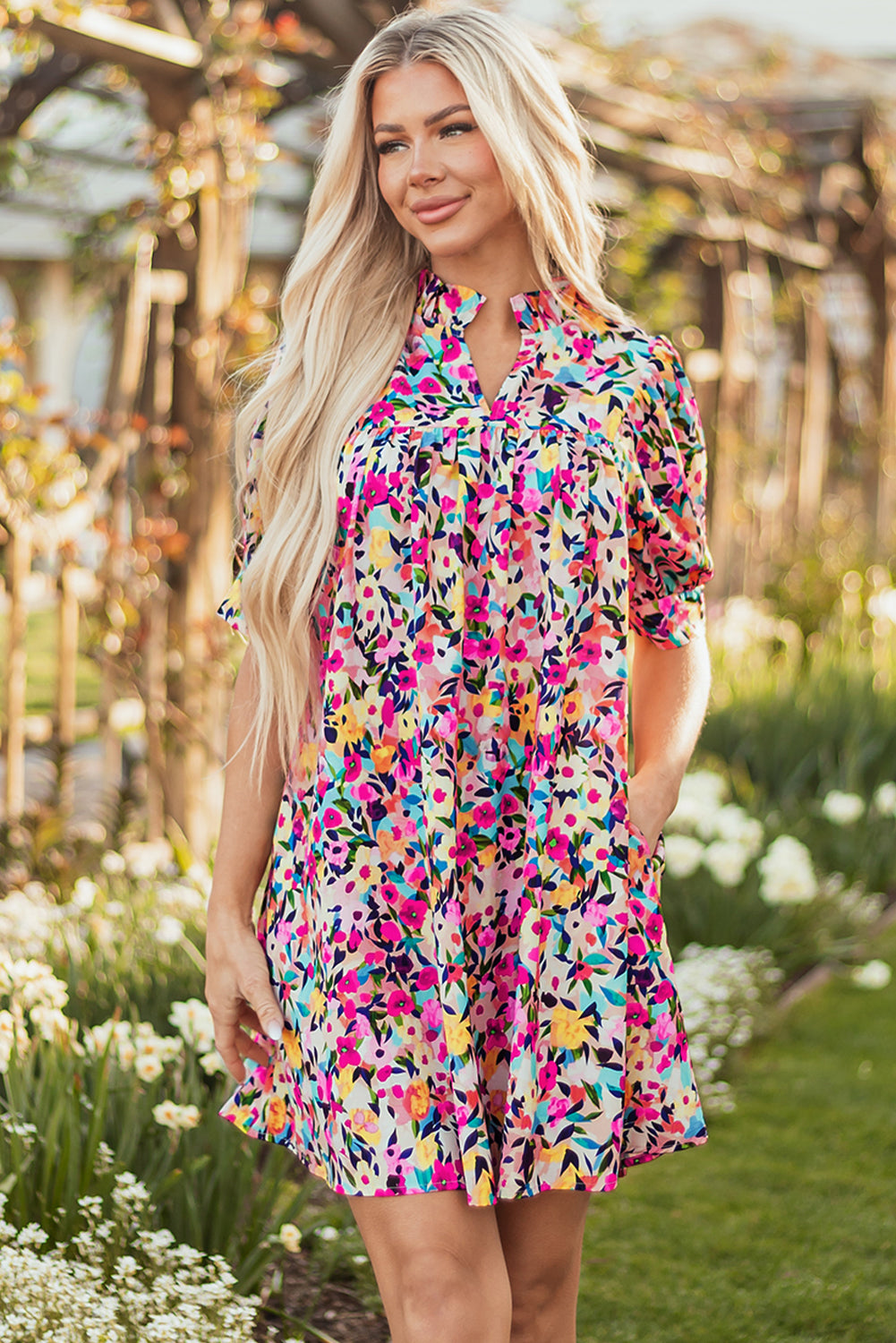 Pink Floral Puff Short Sleeve V Neck Mini Dress