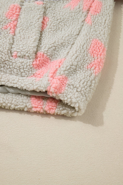 Gray Bow Sherpa Quarter Zip Drop Shoulder Baggy Sweatshirt