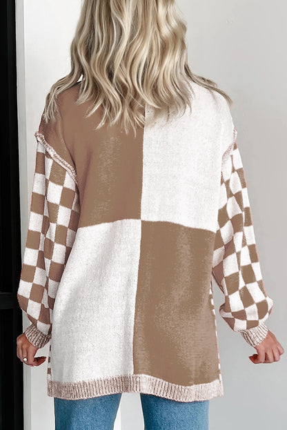 Black Plus Size Checkered Bubble Sleeve Drop Shoulder Open Cardigan