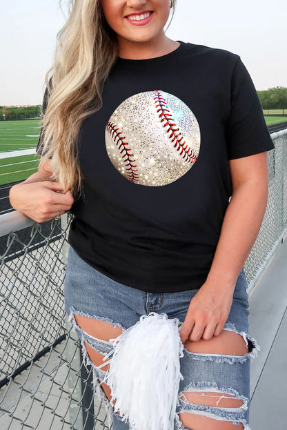 Black Heat Transfer Baseball Print Cotton Blend T Shirt