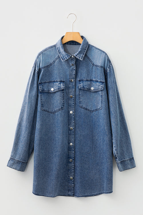 Blue Beau Chest Pocket Raw Hem Denim Loose Shirt Dress