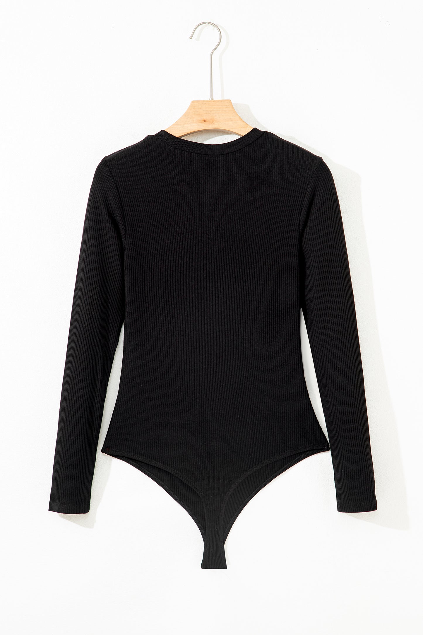 Black Ribbed Long Sleeve Crew Neck Solid Color Bodysuit