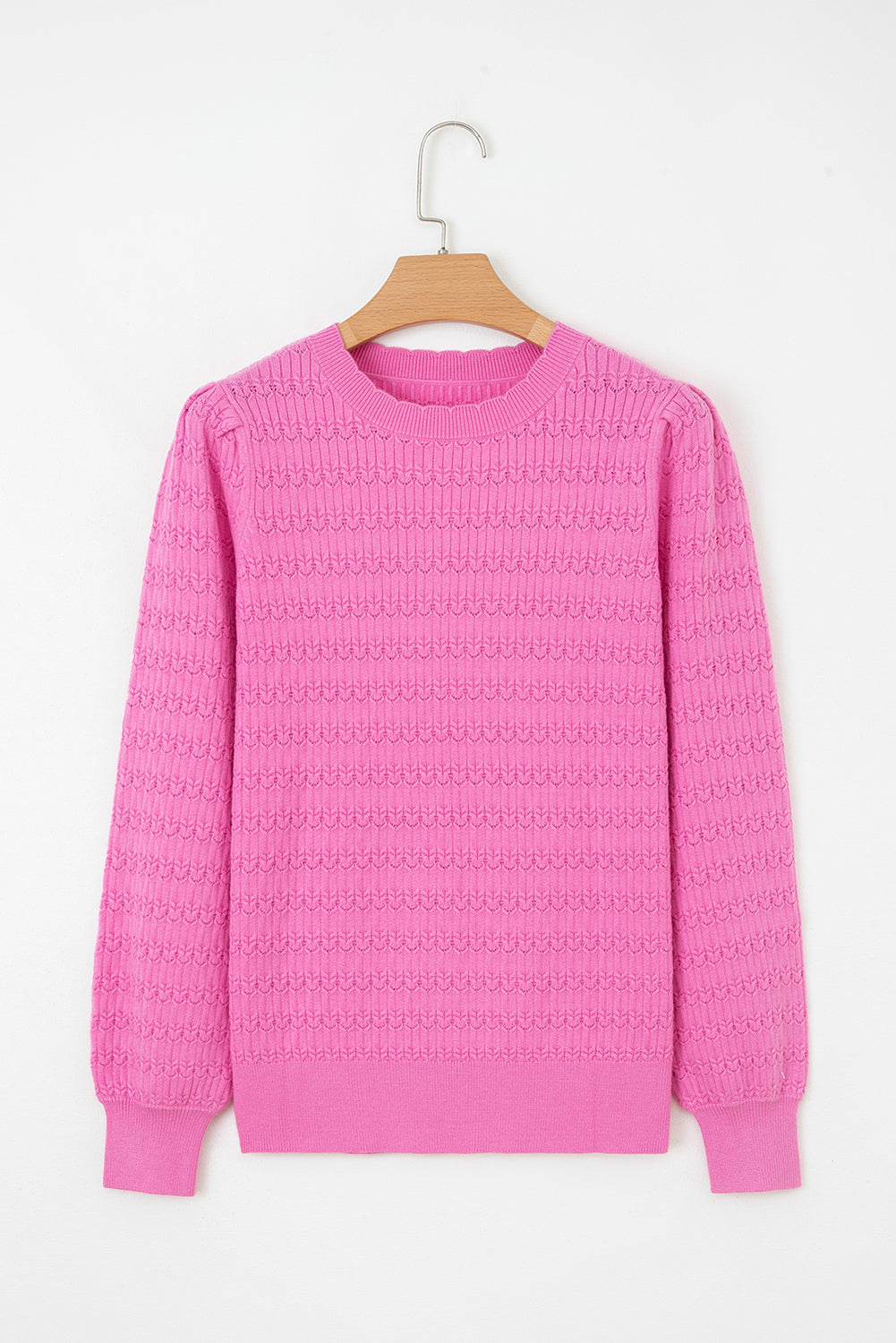 Bright Pink Trendy Pattern Knit Ribbed Cuffs Crew Neck Sweater