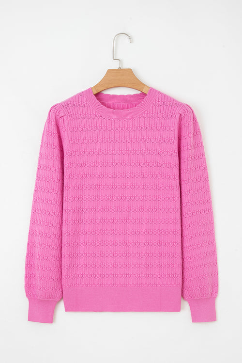Bright Pink Trendy Pattern Knit Ribbed Cuffs Crew Neck Sweater